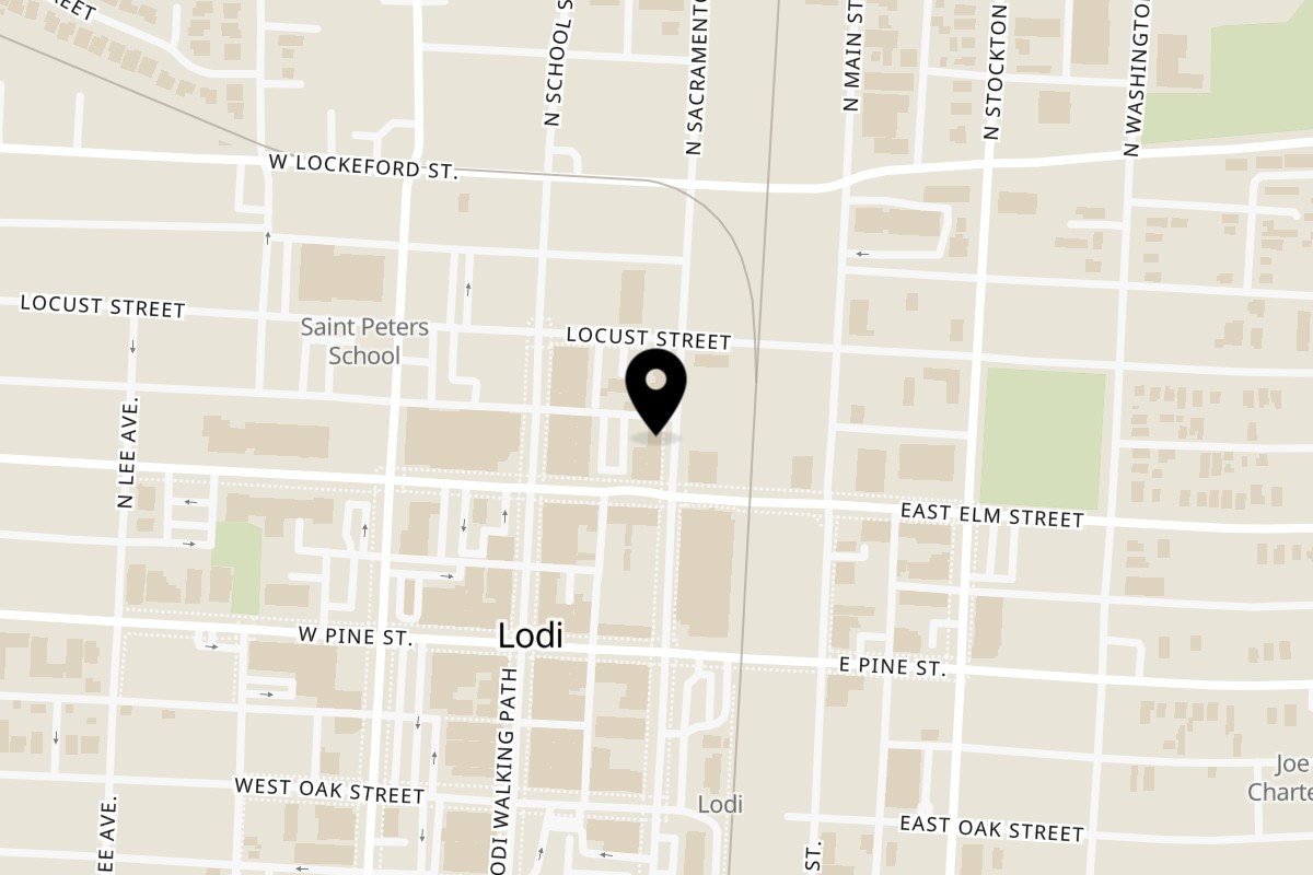 Map showing the location of Taqueria El Grullense No 2 on 117 N Sacramento St in Lodi